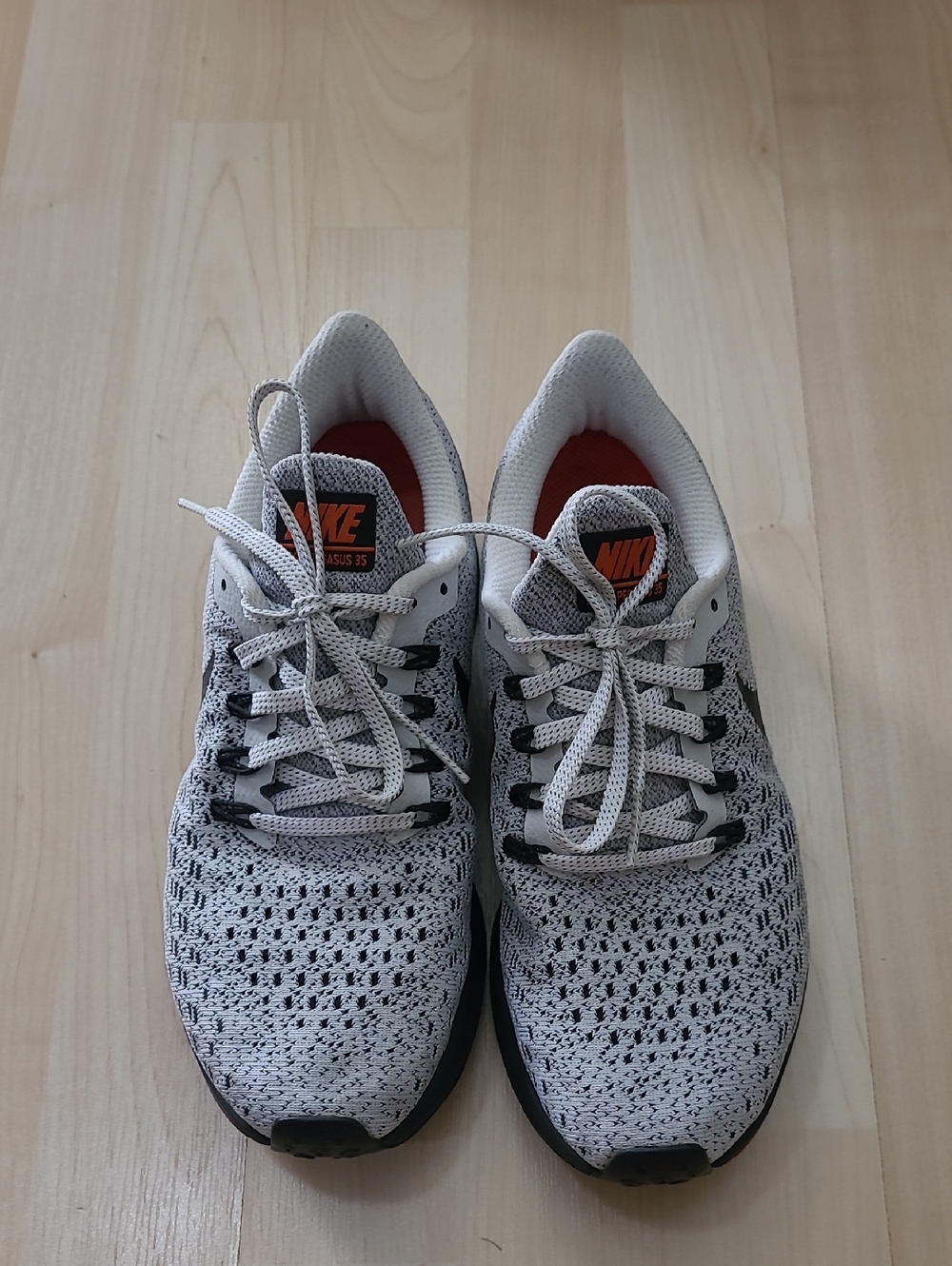Nike Pegasus 35 Gray/White and Black Flyknit Athletic Shoes with Orange Accents